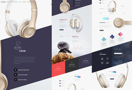 Headphone product page design with various elements.