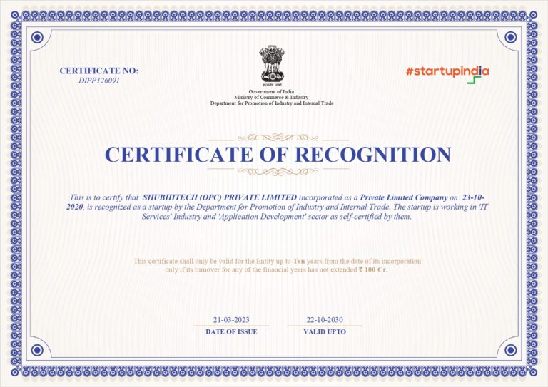 ShubhiTech certificate of recognition - Startup India
