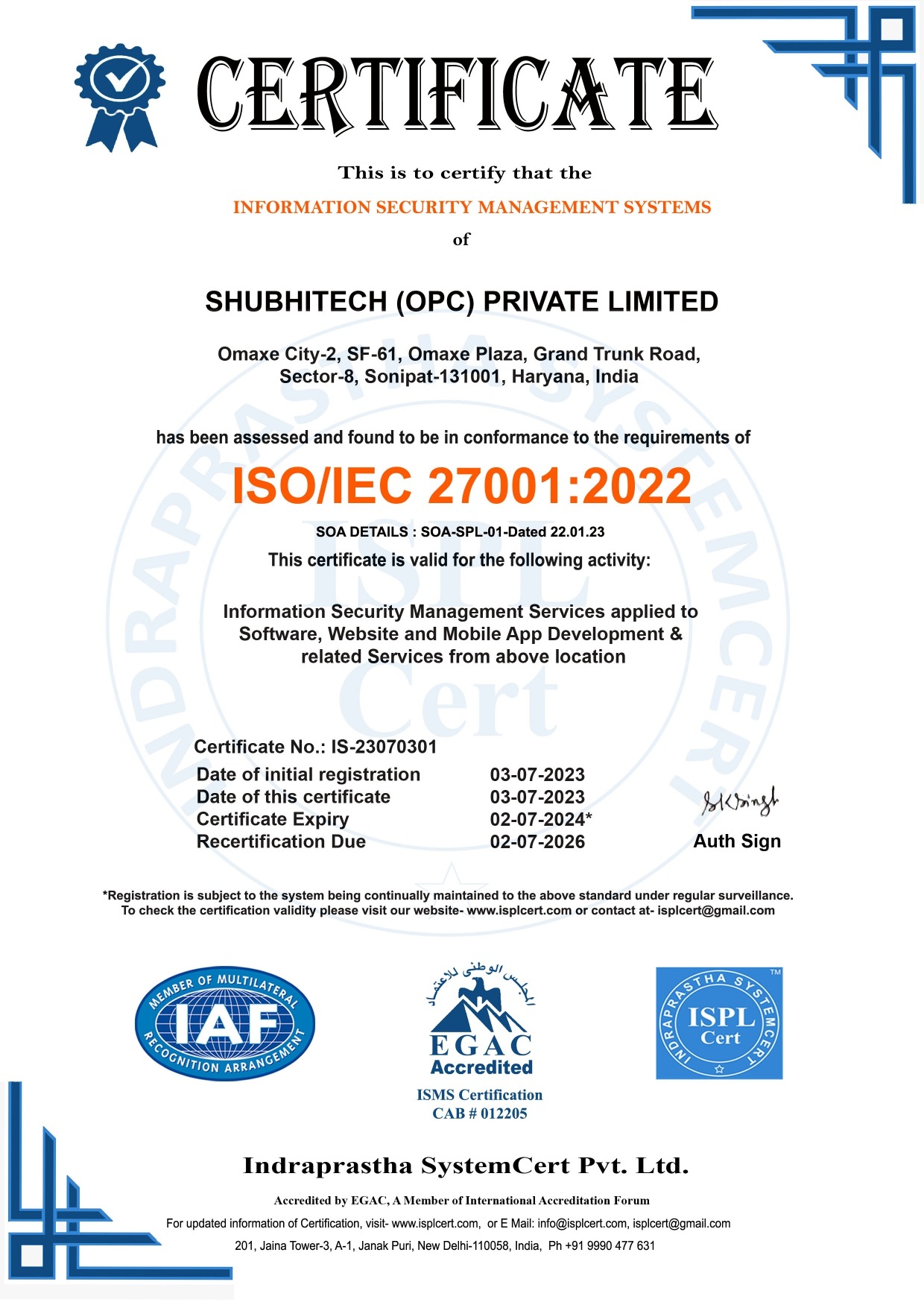 ShubhiTech ISO 27001:2022 certificate