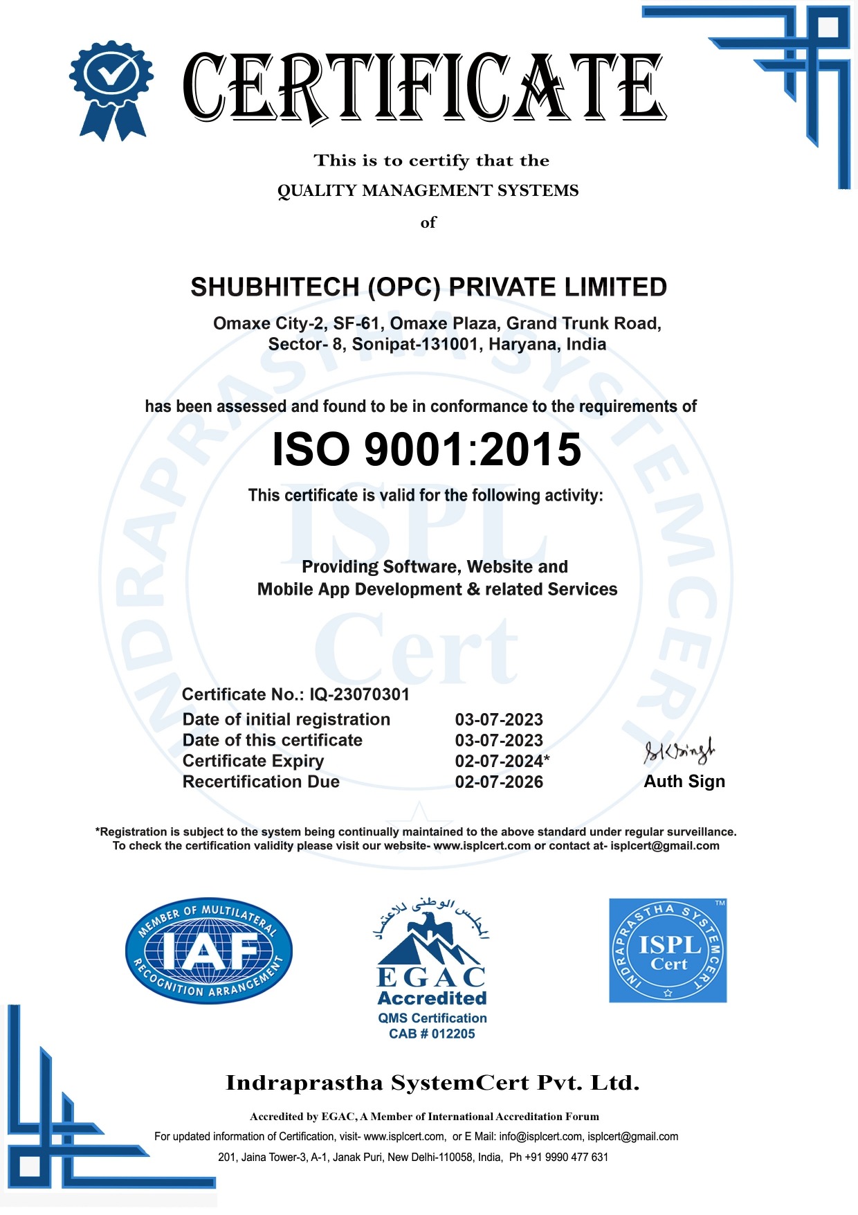 ShubhiTech ISO 9001:2015 Certificate